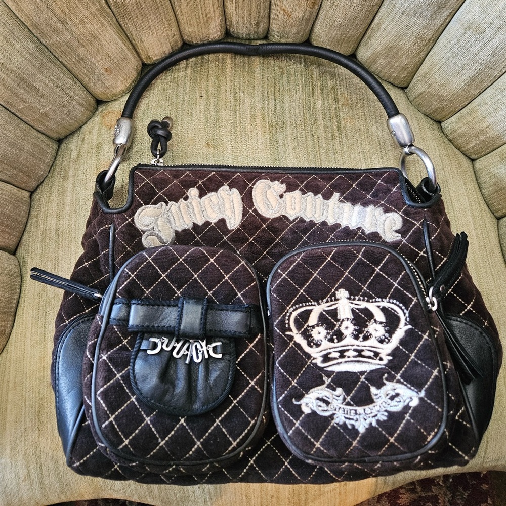 Black Quilted Juicy Couture Purse With Quilted Velour and Genuine Leather Edges